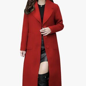 Red Women's Big Notch Lapel Single Breasted Mid-Long Wool Blend Coat, Size Med